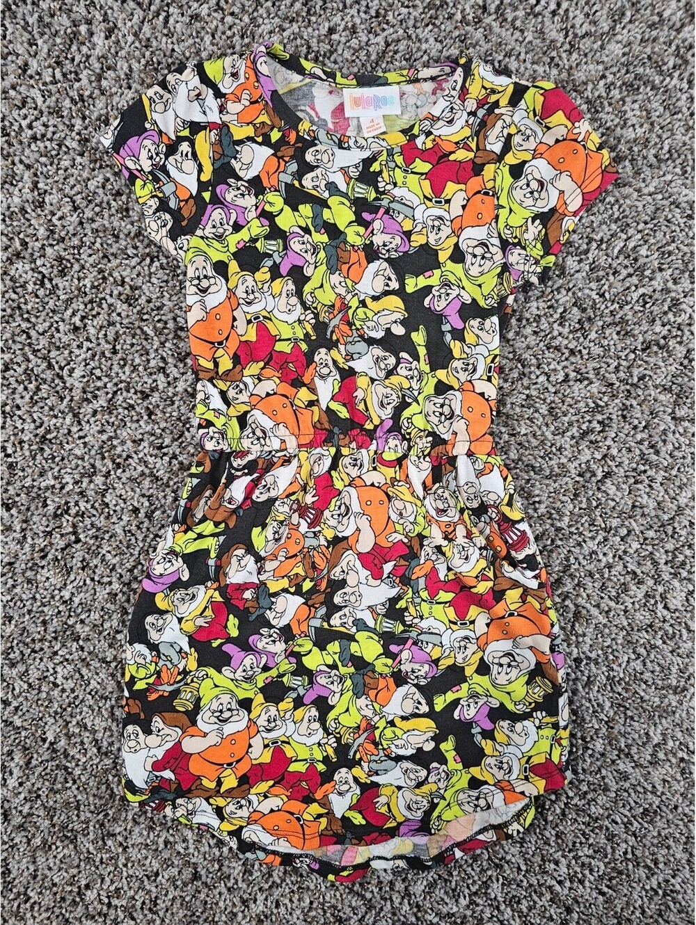 LuLaRoe girls Sz 4 Mae dress colorful "Seven Dwarfs" print from the Disney